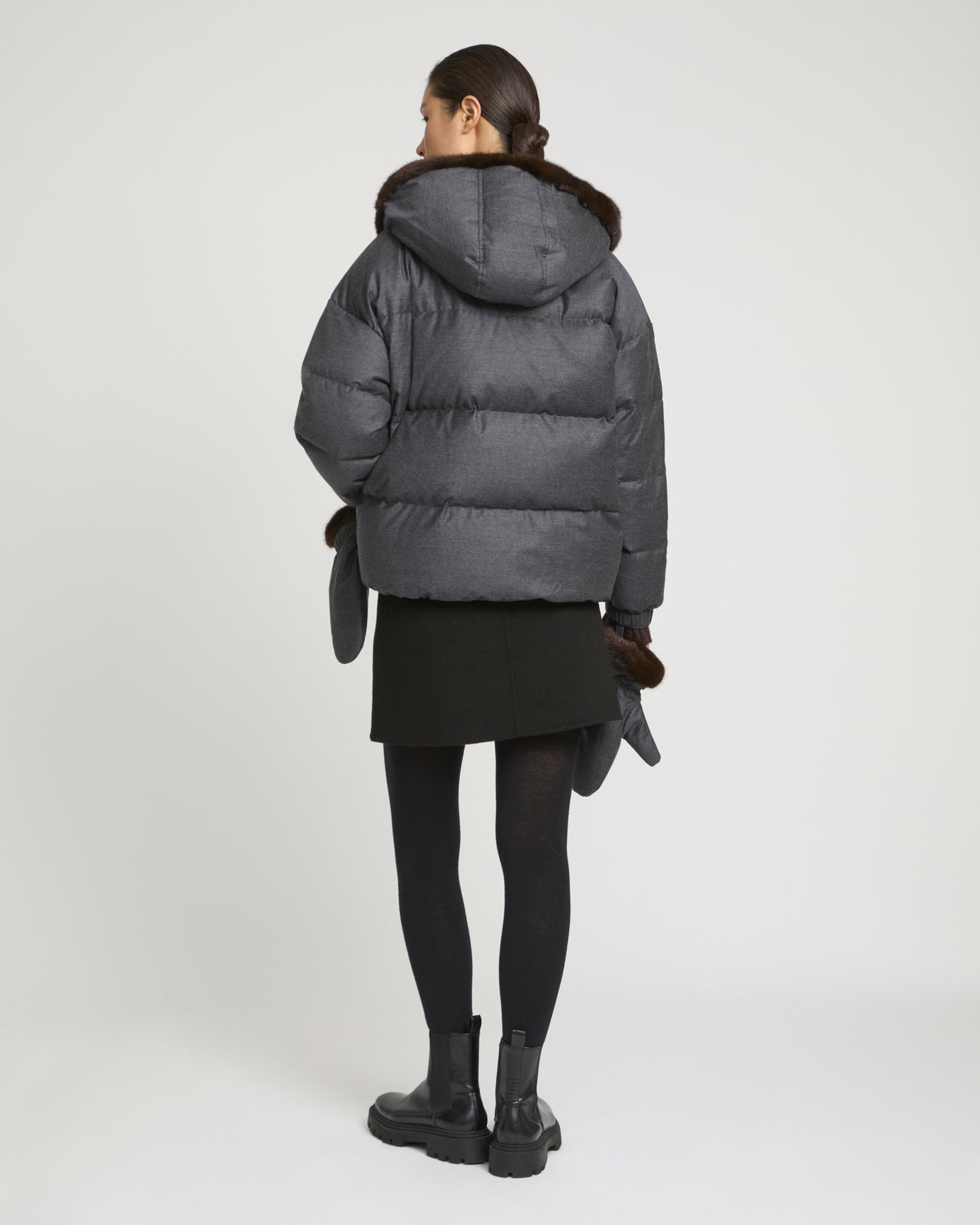 Short hooded down jacket with mink fur inner hood and removable mittens