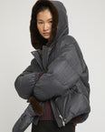 Short hooded down jacket with mink fur inner hood and removable mittens