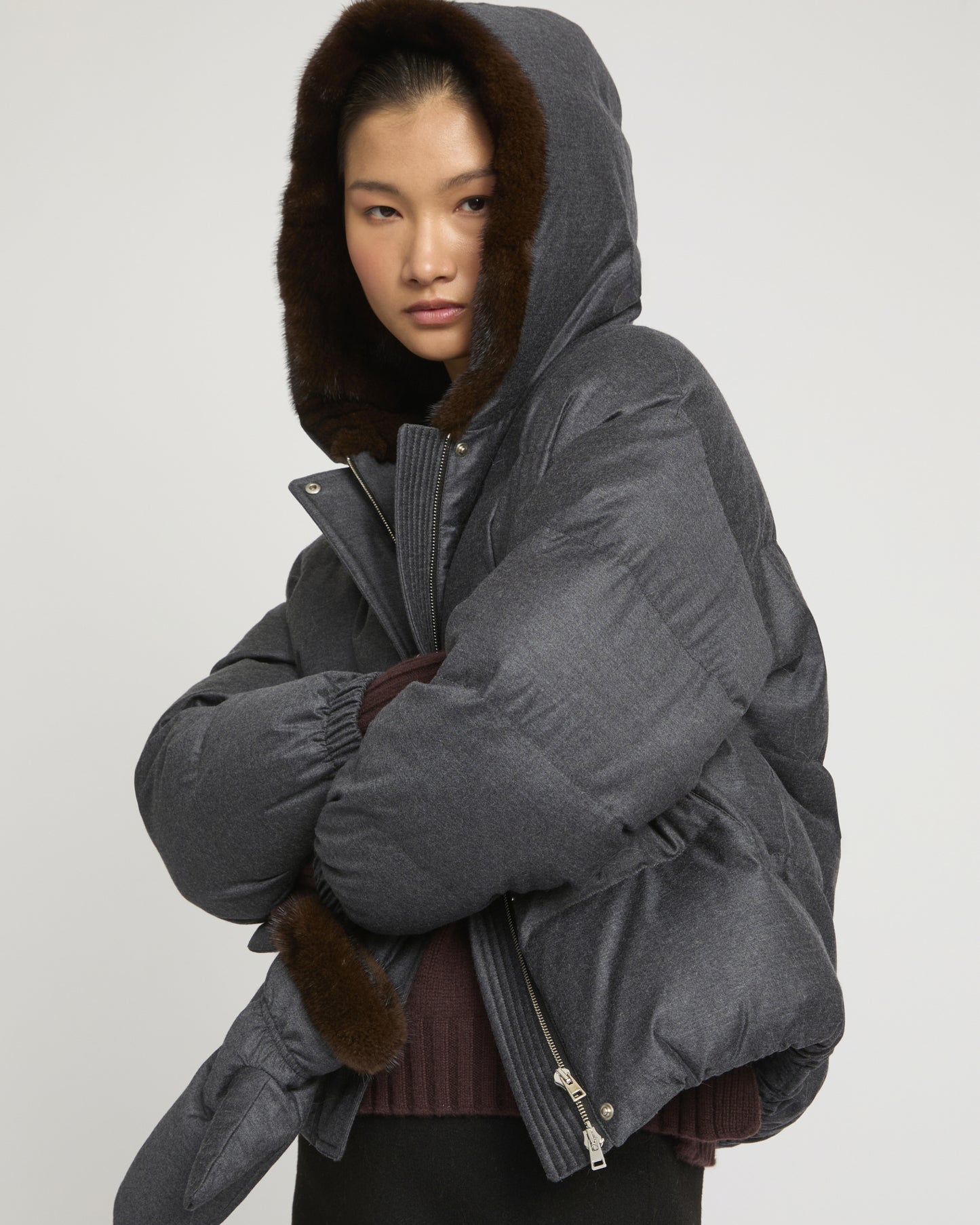 Short hooded down jacket with mink fur inner hood and removable mittens
