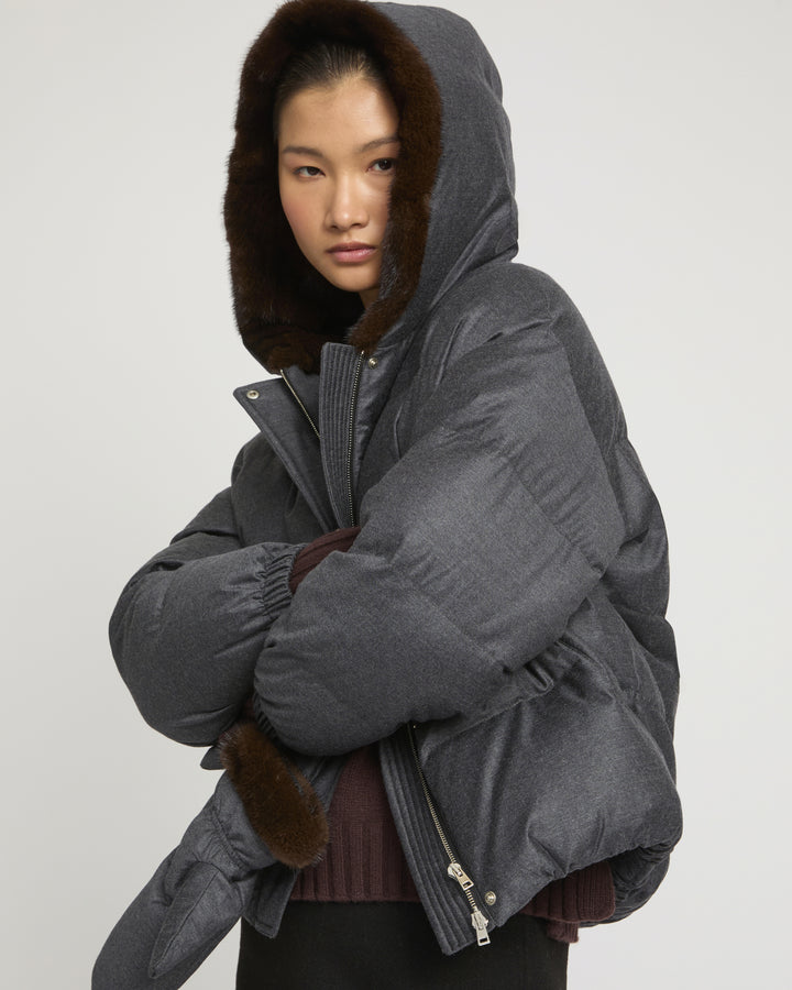 Short hooded down jacket with mink fur inner hood and removable mittens
