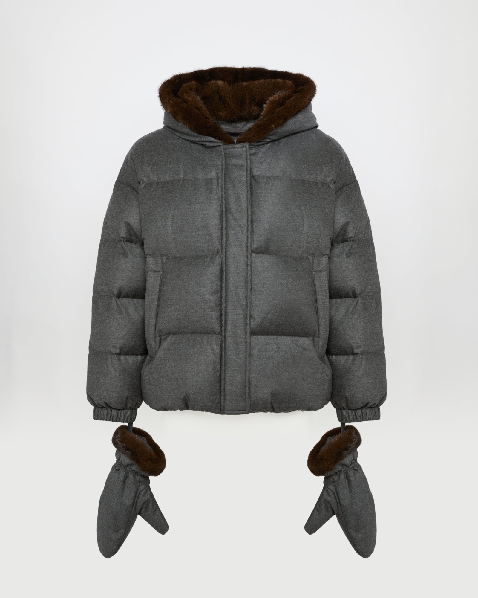 Short down jacket with mink fur & mittens - Gray - Yves Salomon