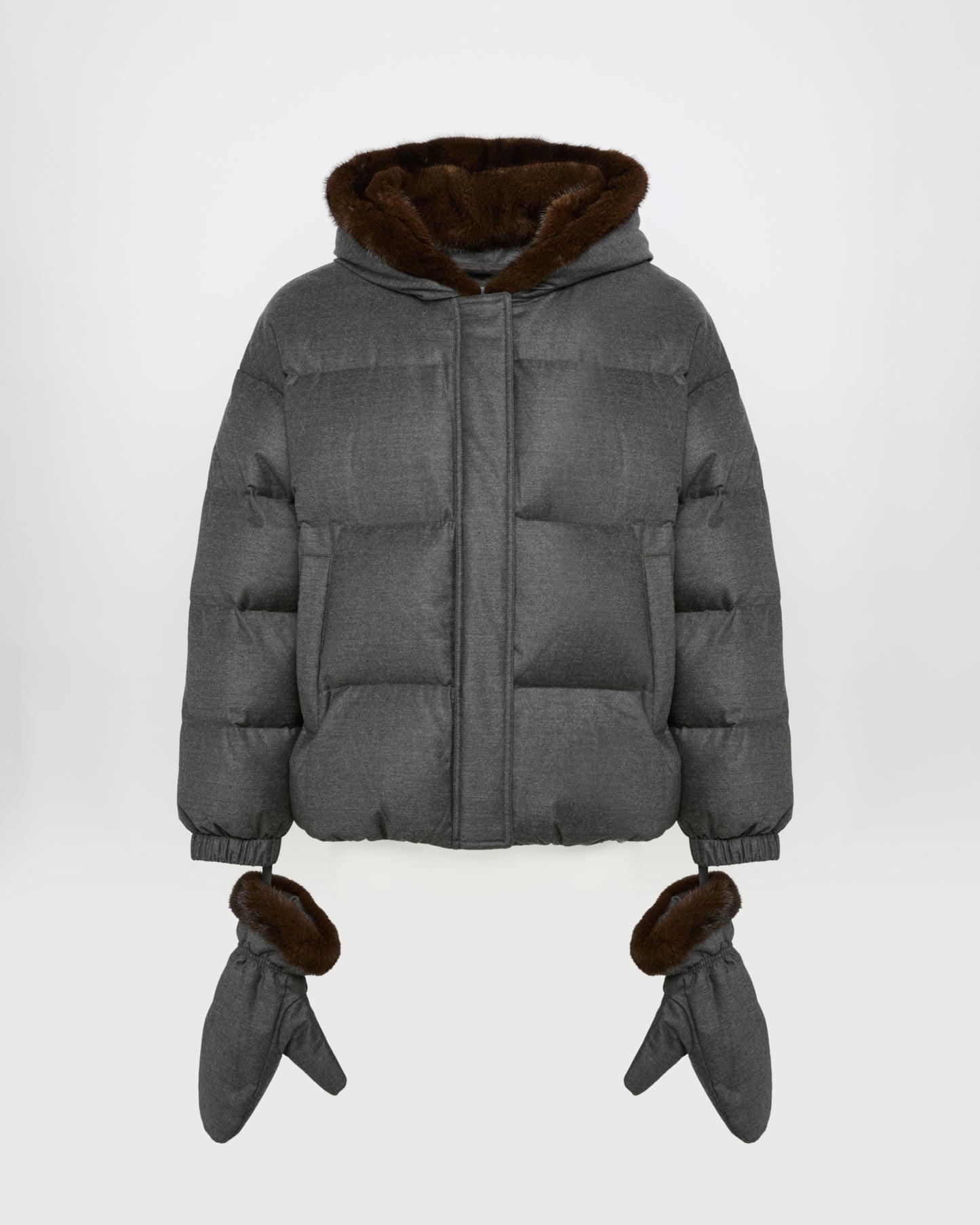 Short hooded down jacket with mink fur inner hood and removable mittens
