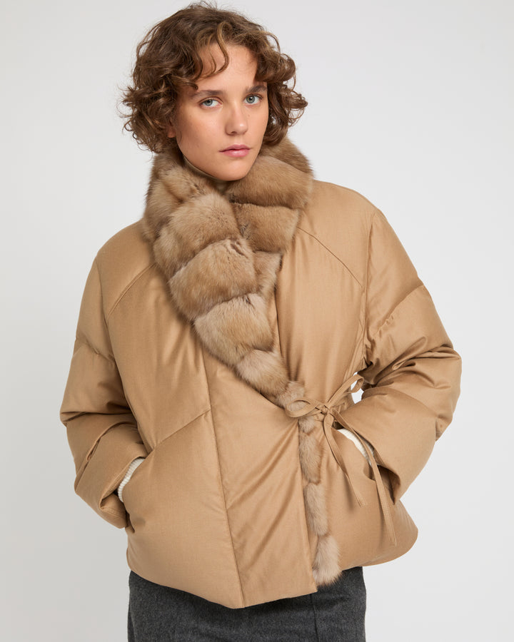 Short flannel down jacket with detachable large sable fur collar