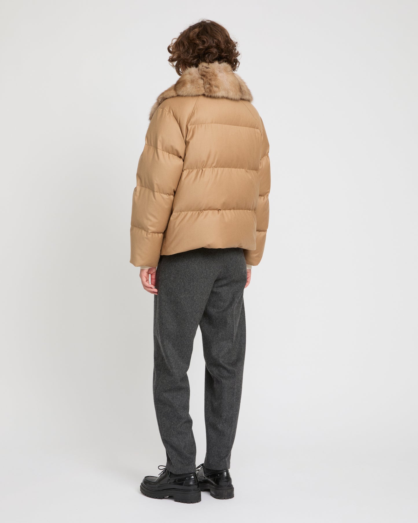 Short flannel down jacket with detachable large sable fur collar