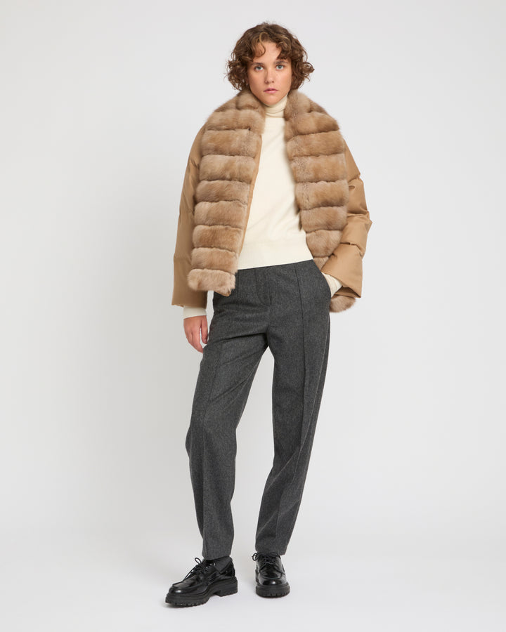 Short flannel down jacket with detachable large sable fur collar