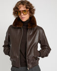 Veste bomber en cuir d'agneau avec col amovible en fourrure de vison