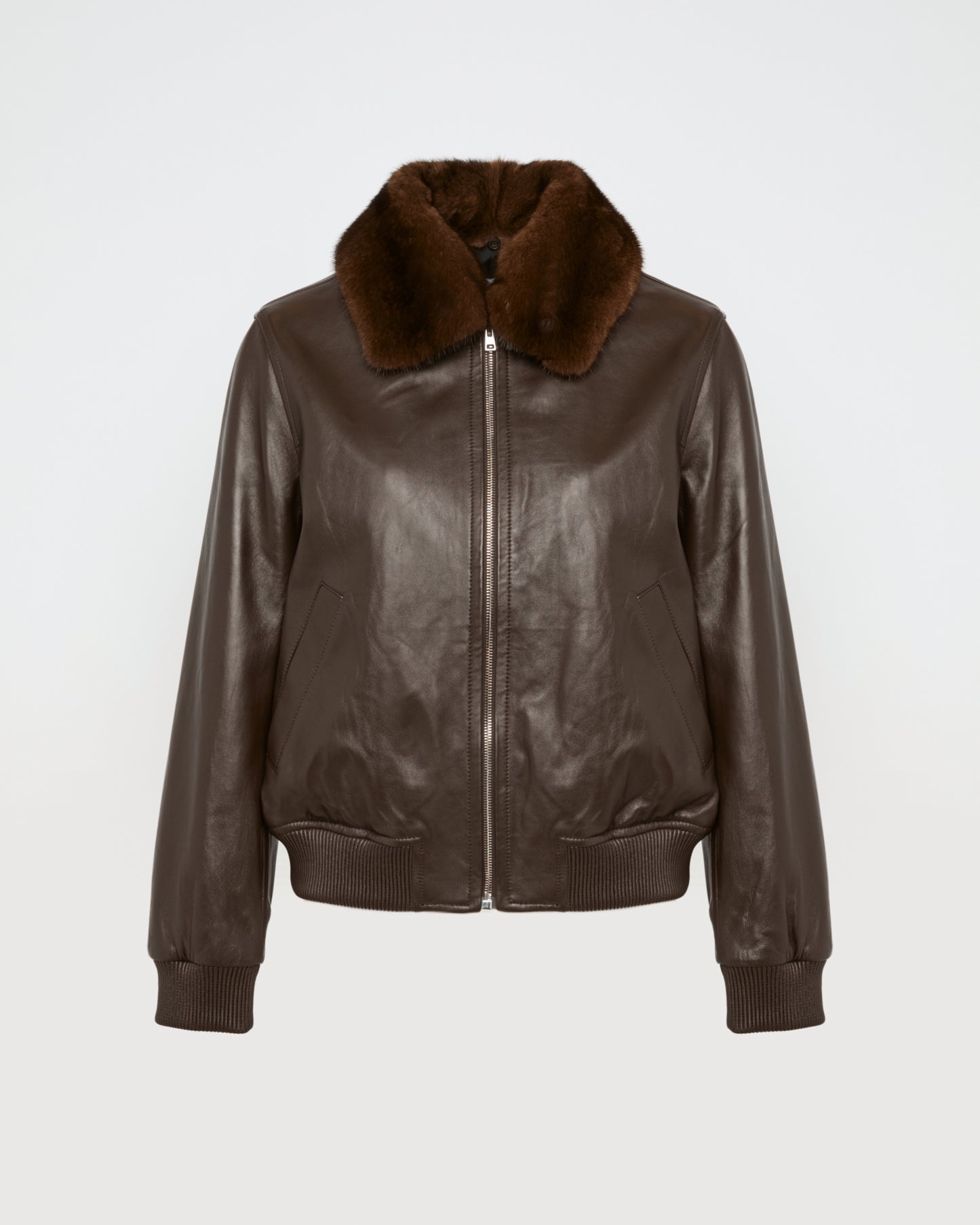 Veste bomber en cuir d'agneau avec col amovible en fourrure de vison