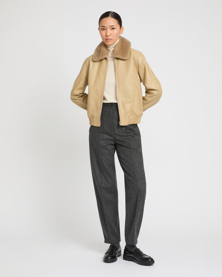 Veste bomber en cuir d'agneau avec col amovible en fourrure de vison