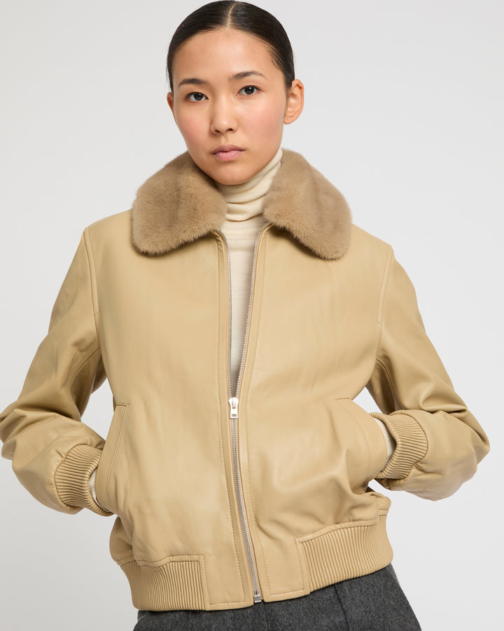 Veste bomber en cuir d'agneau avec col amovible en fourrure de vison
