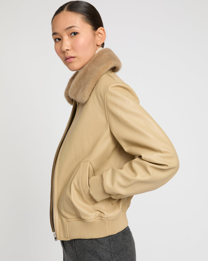 Veste bomber en cuir d'agneau avec col amovible en fourrure de vison