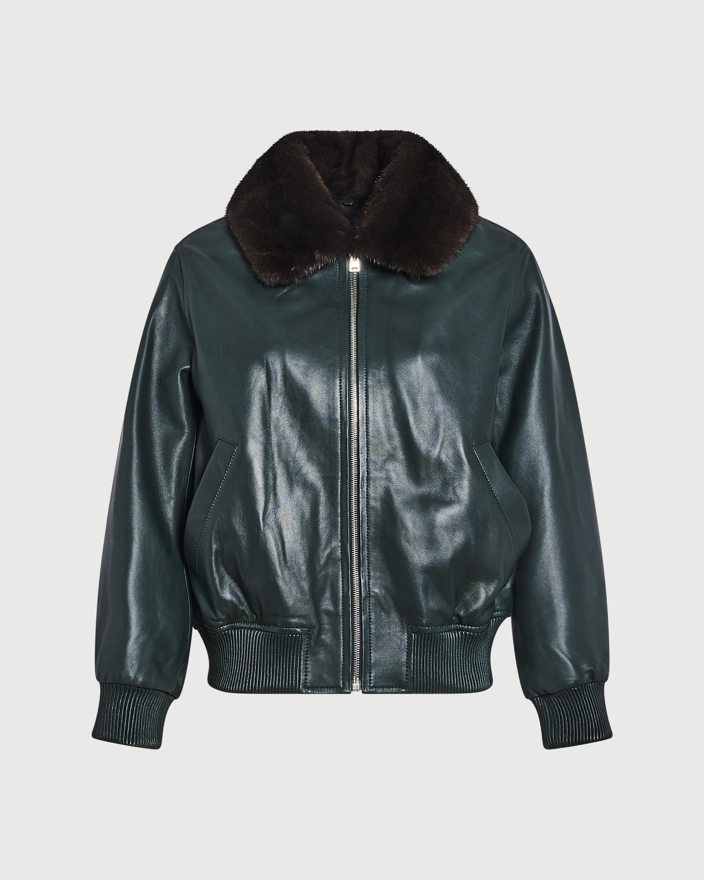 Veste bomber en cuir d'agneau avec col amovible en fourrure de vison- Yves Salomon - Nouvelle collection Automne Hiver