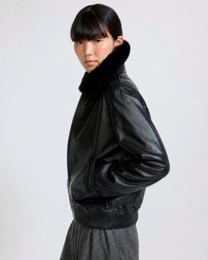 Veste bomber en cuir d'agneau avec col amovible en fourrure de vison