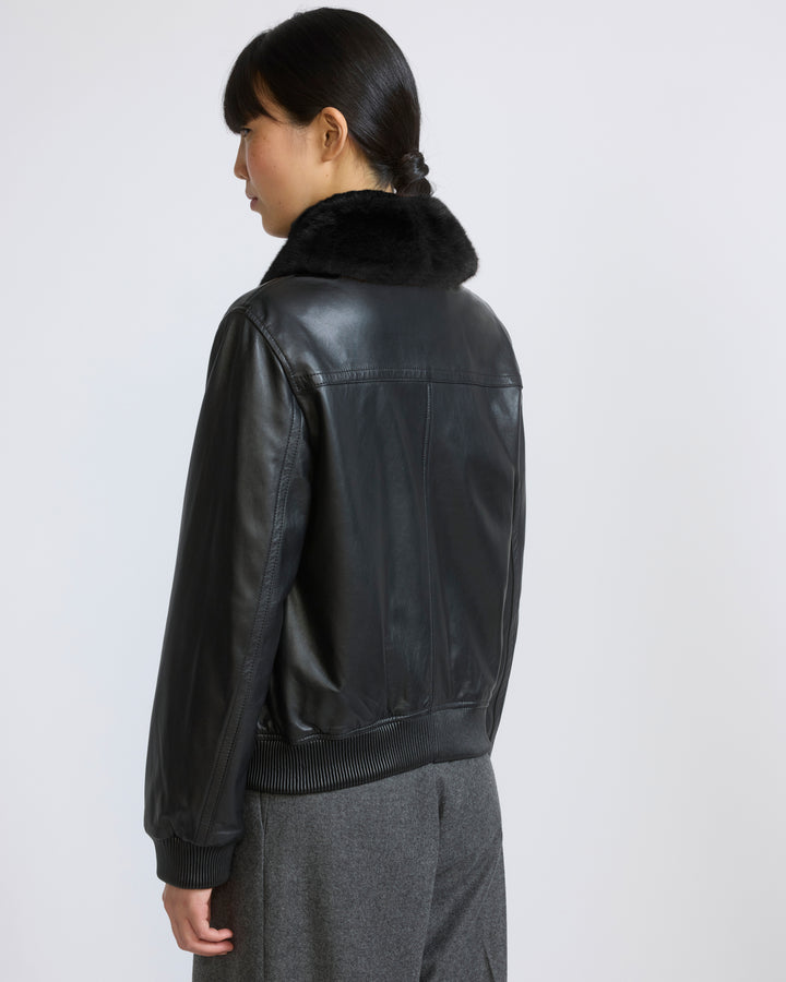 Veste bomber en cuir d'agneau avec col amovible en fourrure de vison