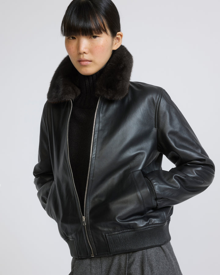 Veste bomber en cuir d'agneau avec col amovible en fourrure de vison