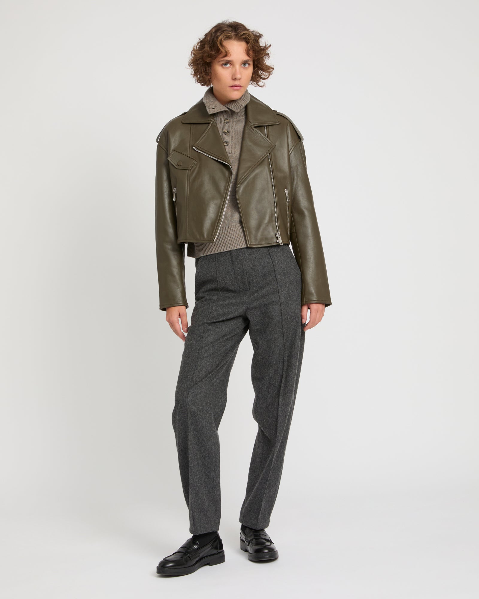 Cropped lambskin biker jacket - Khaki - Yves Salomon