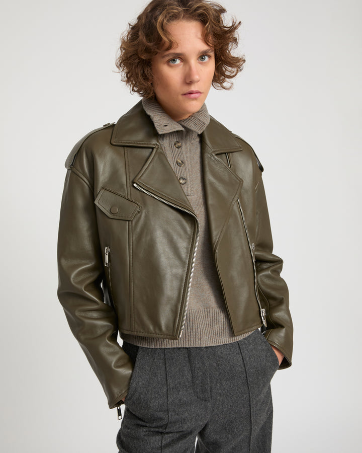 Cropped lambskin biker jacket