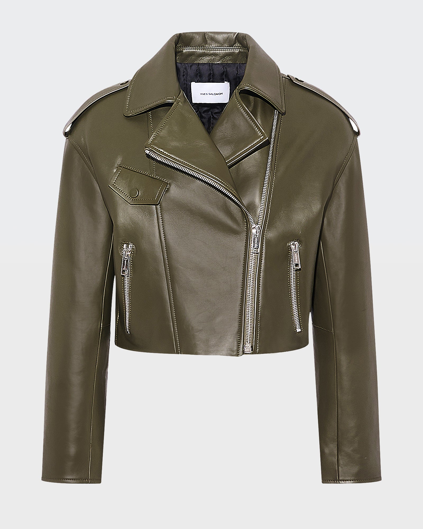 Cropped lambskin biker jacket - Khaki - Yves Salomon