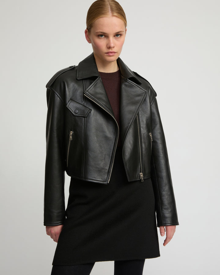 Cropped lambskin biker jacket