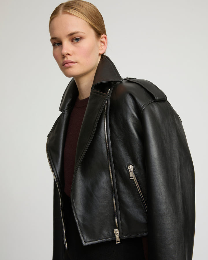 Cropped lambskin biker jacket