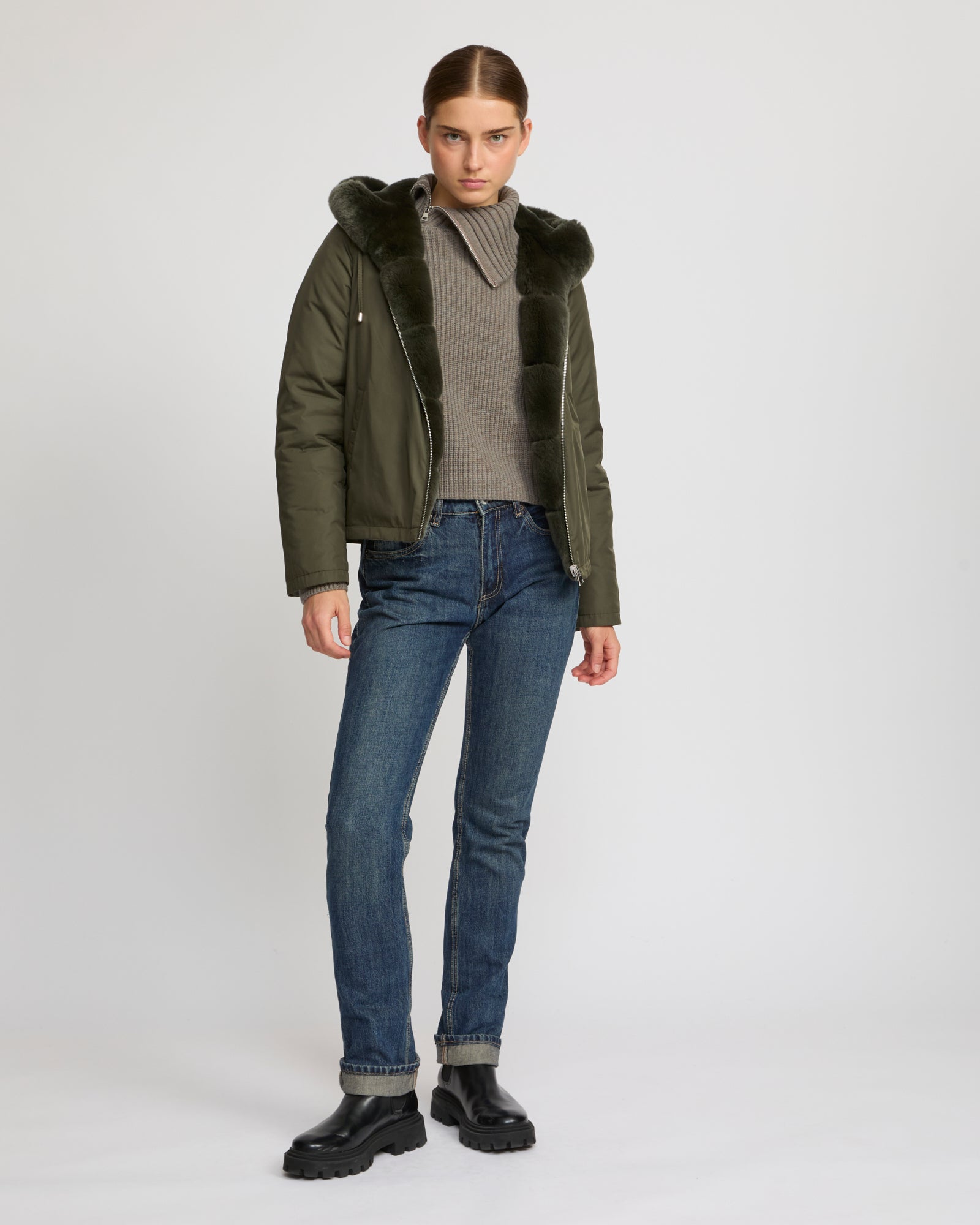 Reversible jacket with rex rabbit fur - Khaki - Yves Salomon
