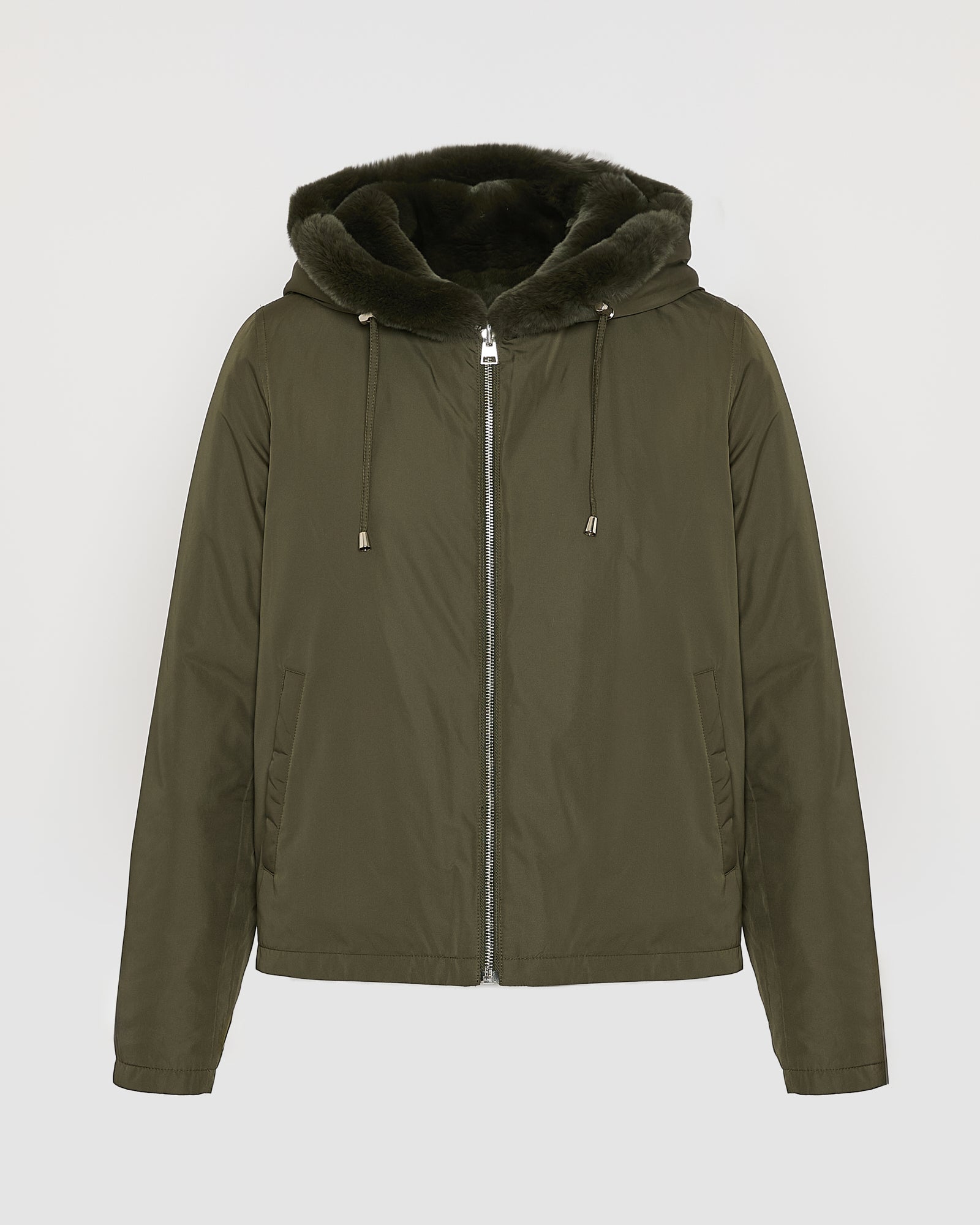 Veste à capuche en fourrure de lapin rex réversible tissu technique -Yves Salomon