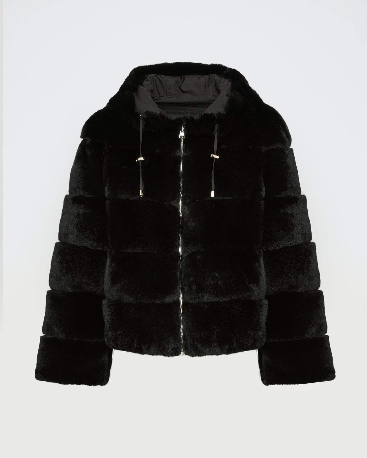 Hooded jacket in technical fabric reversible rex rabbit fur