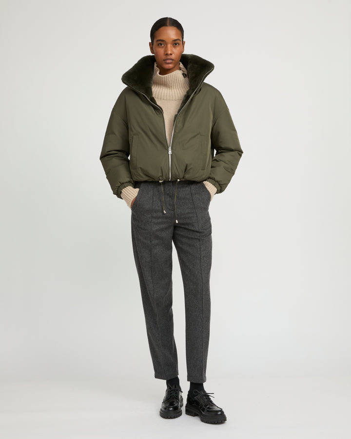 Boxy jacket in technical fabric reversible rex rabbit fur