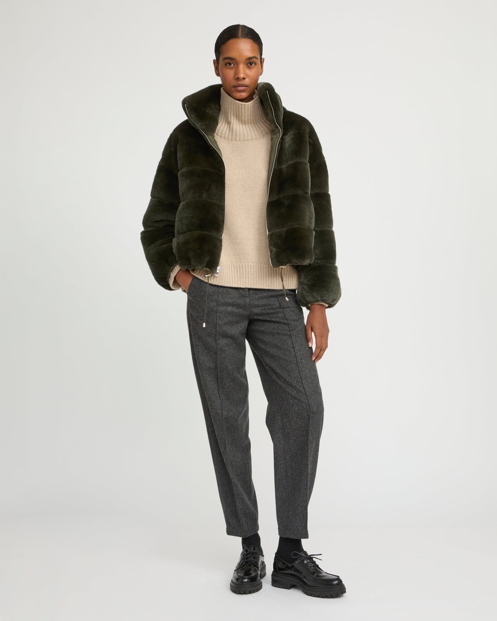 Veste boxy en fourrure de lapin rex réversible tissu technique -Yves Salomon