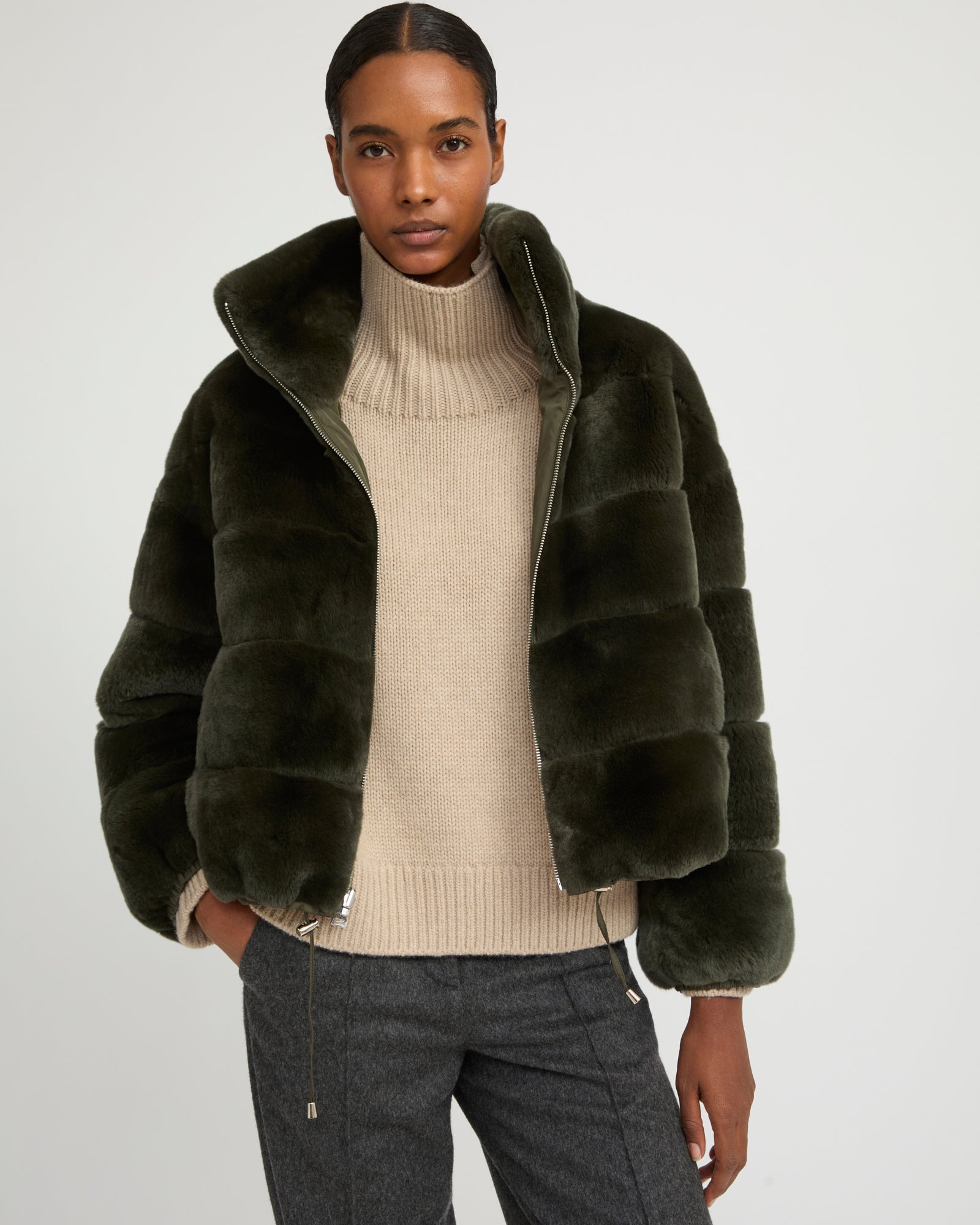 Veste boxy en fourrure de lapin rex réversible tissu technique -Yves Salomon