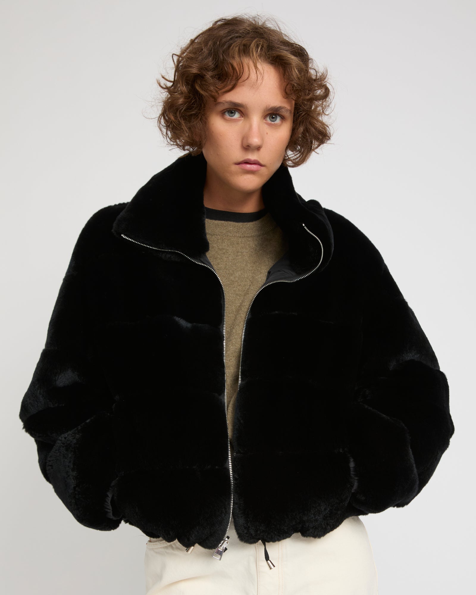 Boxy jacket in technical fabric reversible rex rabbit fur – Yves