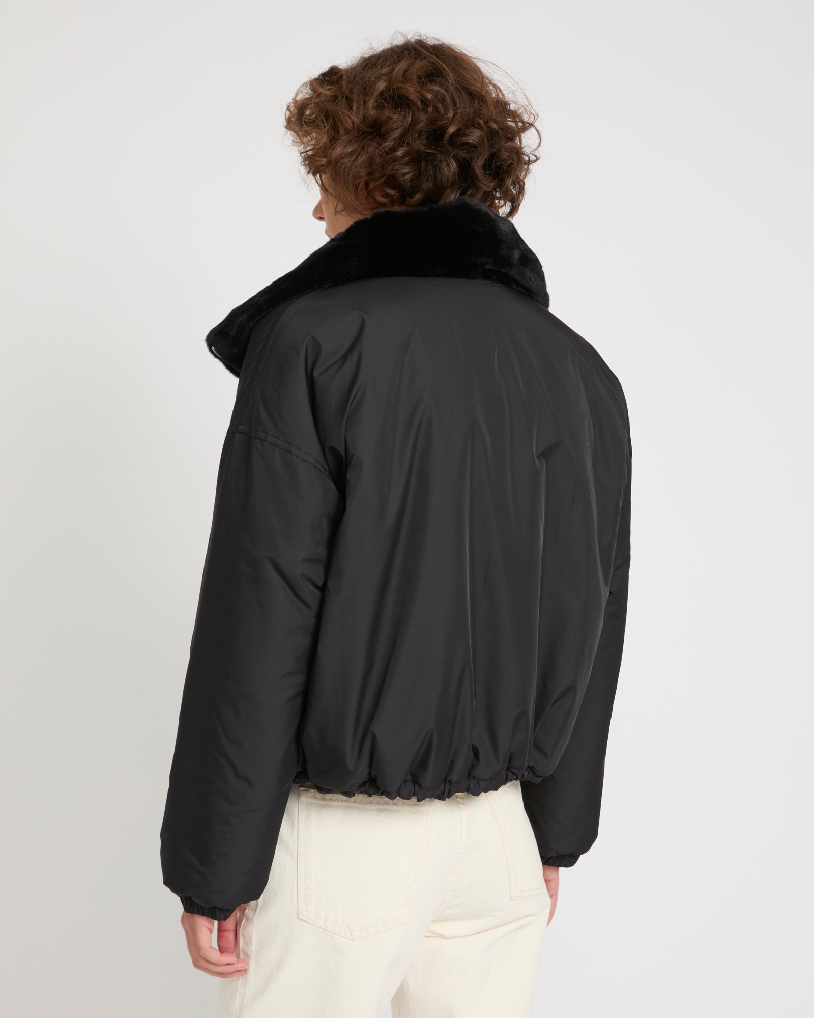 Boxy jacket in technical fabric reversible rex rabbit fur – Yves