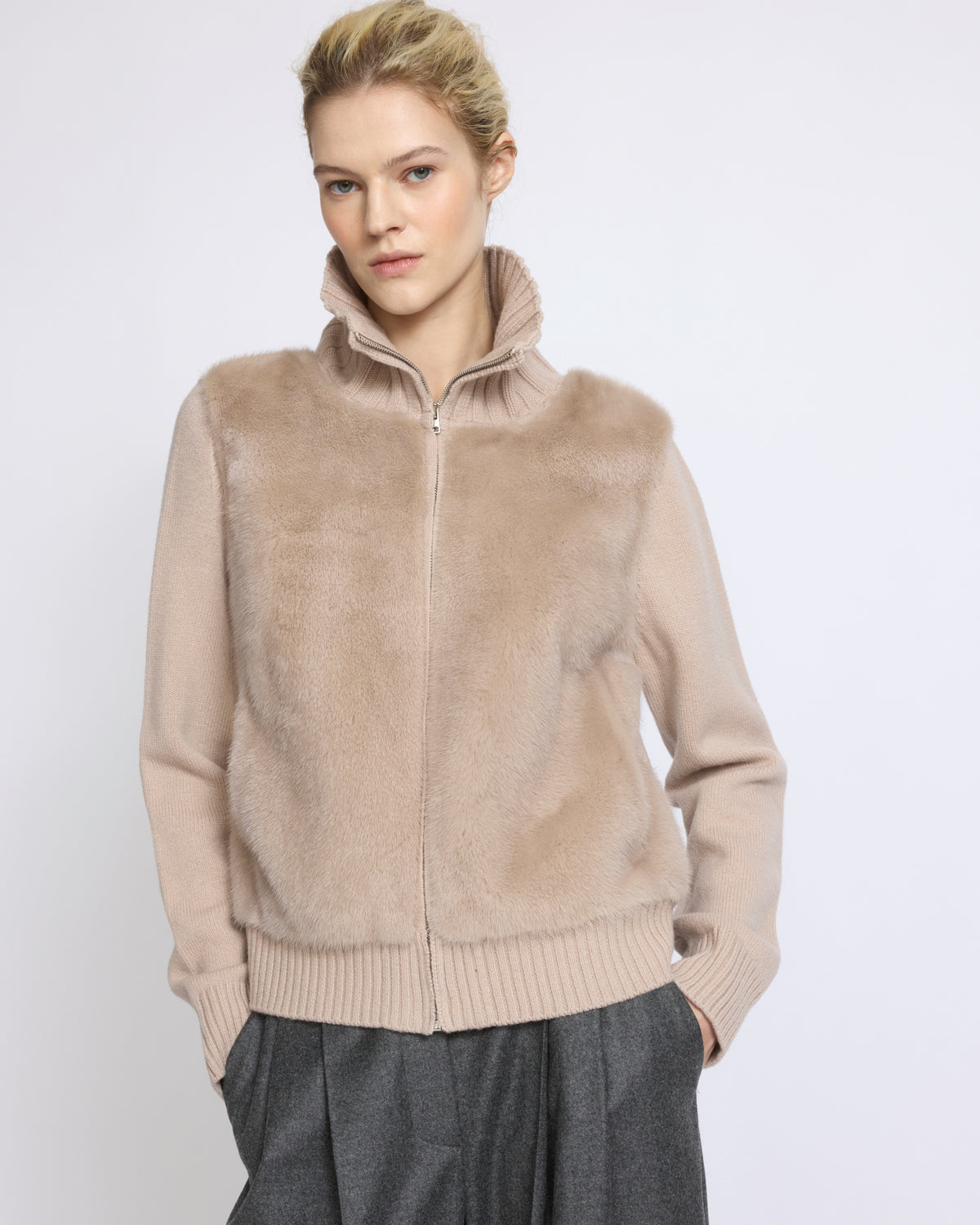 Veste en fourrure de vison et maille Mérinos - Yves Salomon - Nouvelle collection Automne Hiver