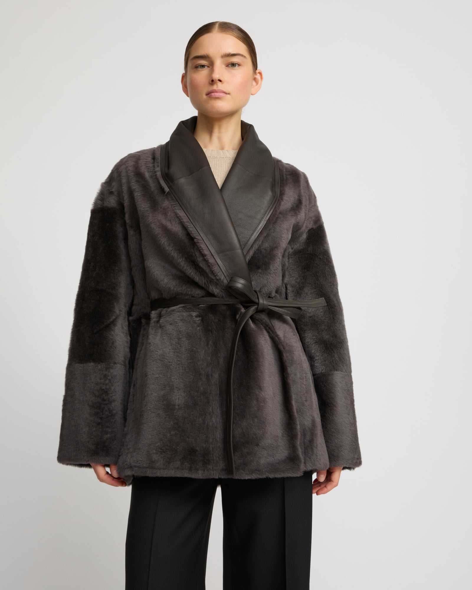 Long draped shearling jacket - Gray - Yves Salomon