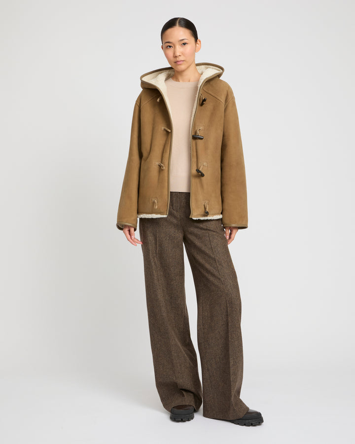 Hooded coat in Merino suede lambskin