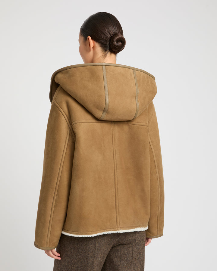 Hooded coat in Merino suede lambskin
