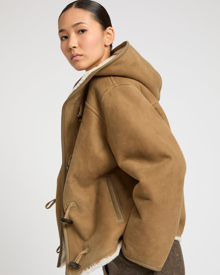 Hooded coat in Merino suede lambskin