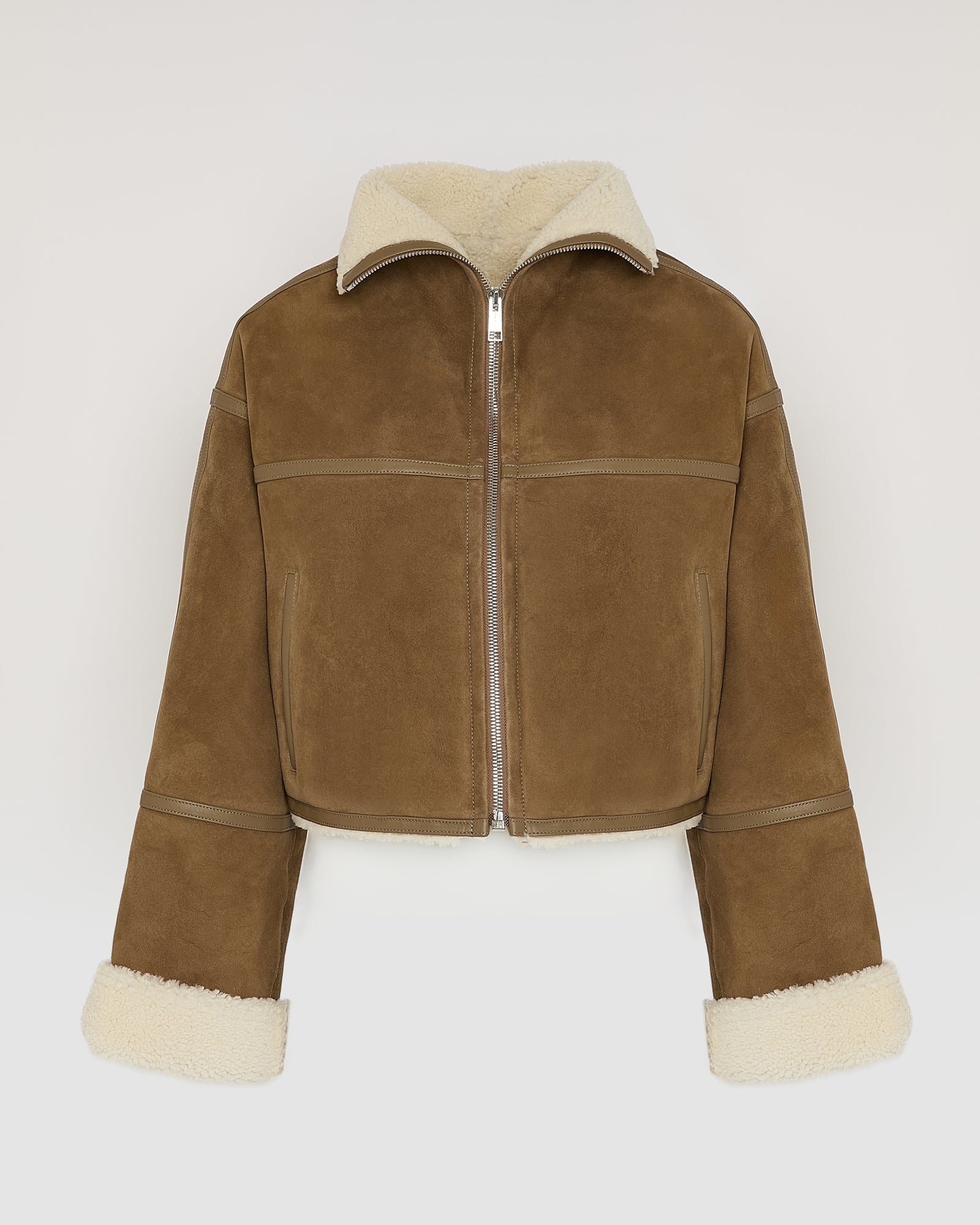Suede Merino lambskin cropped jacket - Camel - Yves Salomon