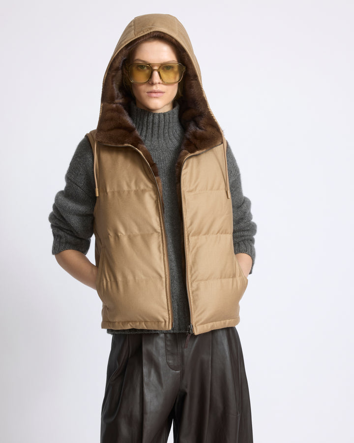 Gilet sans manches réversible en flanelle et fourrure de vison - Yves Salomon - Nouvelle collection Automne Hiver