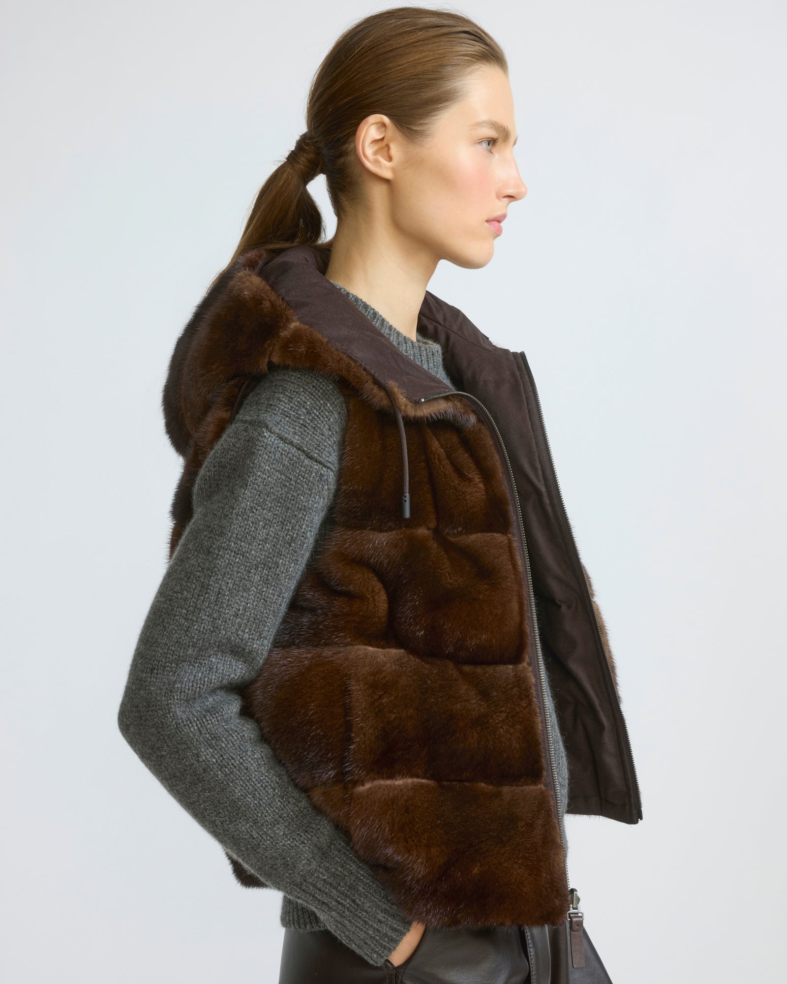 Gilet sans manches réversible en flanelle et fourrure de vison