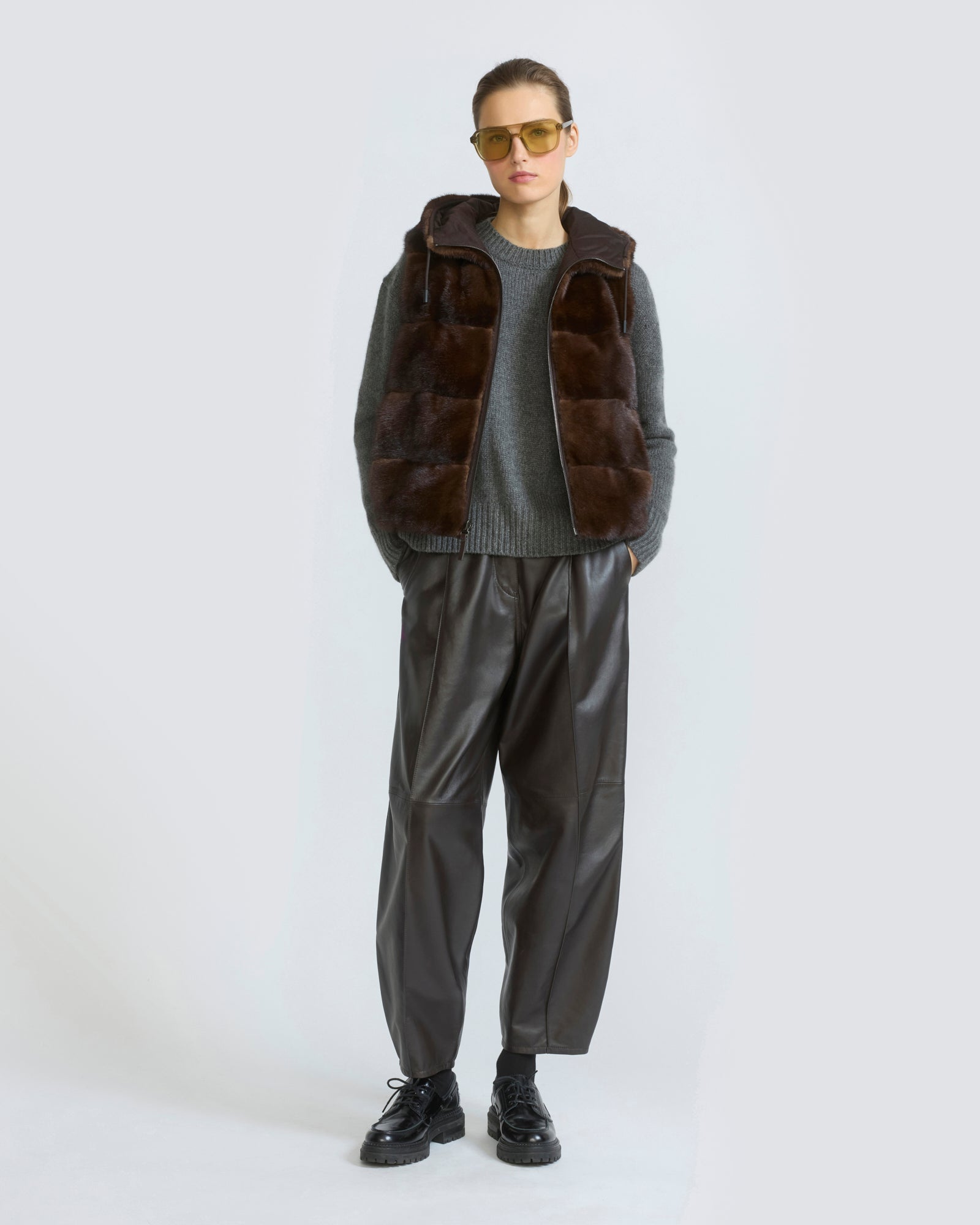Gilet sans manches réversible en flanelle et fourrure de vison
