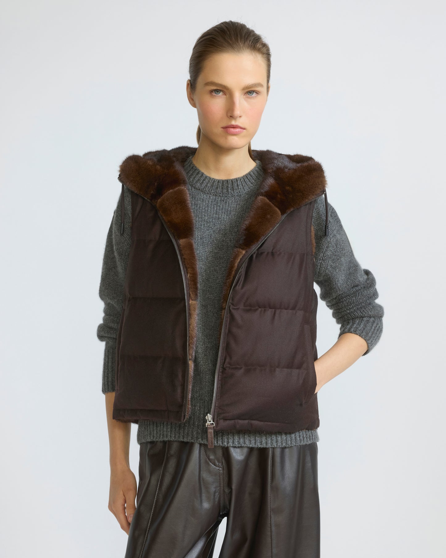 Gilet sans manches réversible en flanelle et fourrure de vison
