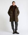 Long down jacket in water-repellent technical fabric with mink fur bib panel