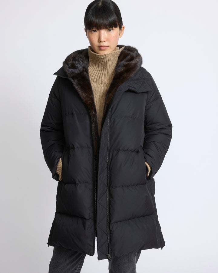Doudoune longue en tissu technique déperlant avec plastron en fourrure de vison - Yves Salomon - Nouvelle collection Automne Hiver