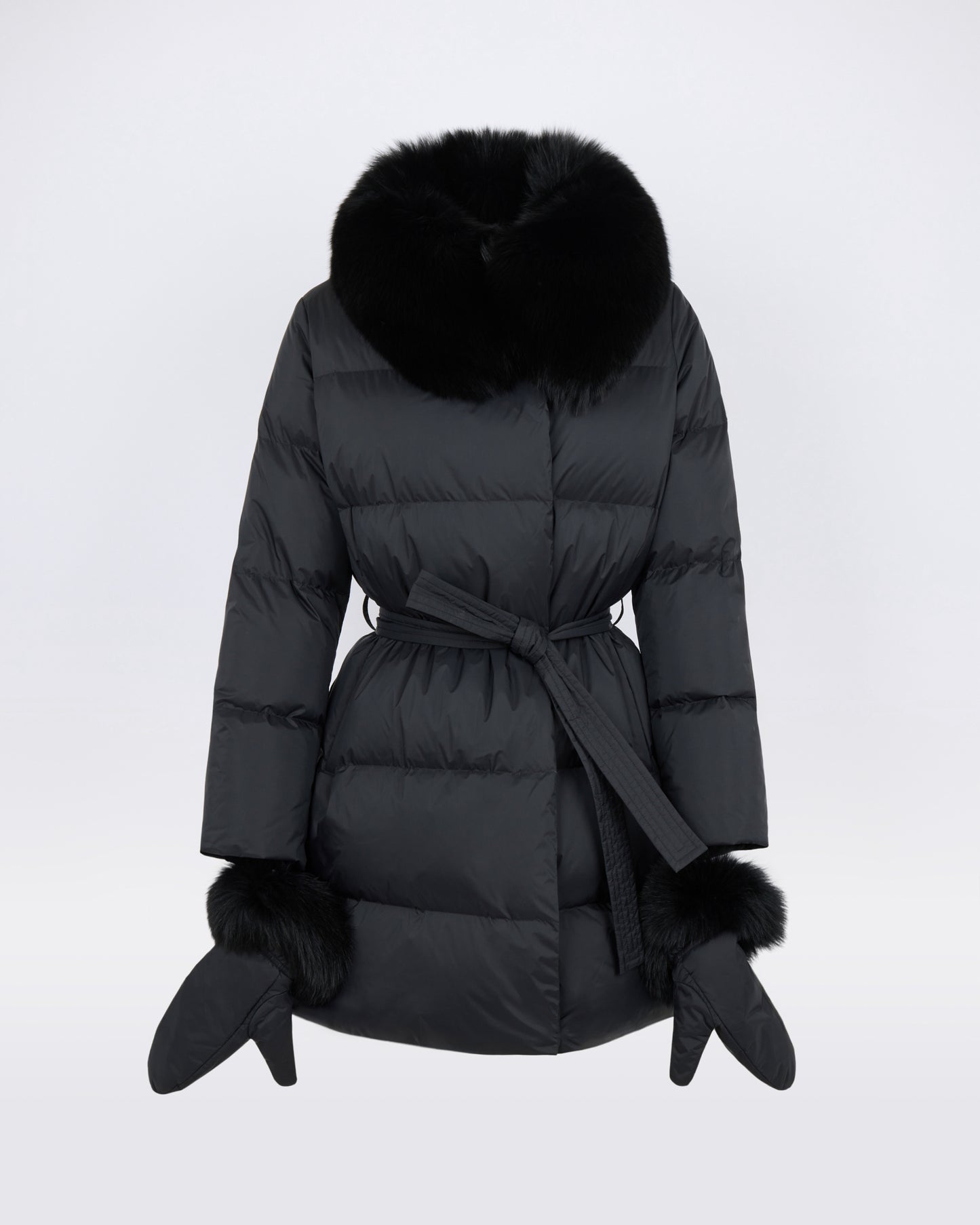 Doudoune longue ceinturée en tissu technique imperméable avec col en fourrure de renard - Yves Salomon - Nouvelle collection Automne Hiver