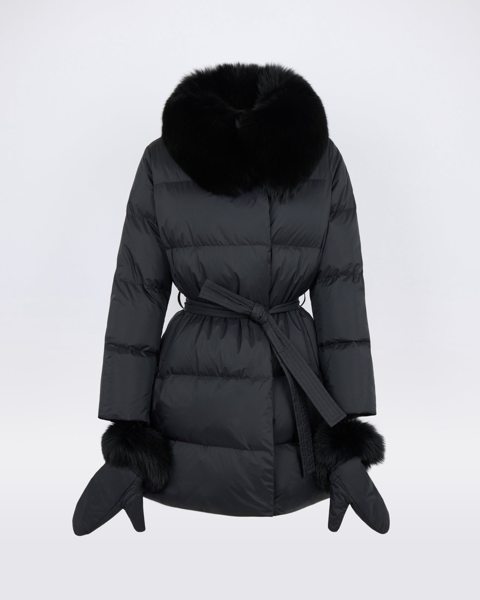 Doudoune longue ceinturée en tissu technique imperméable avec col en fourrure de renard - Yves Salomon - Nouvelle collection Automne Hiver