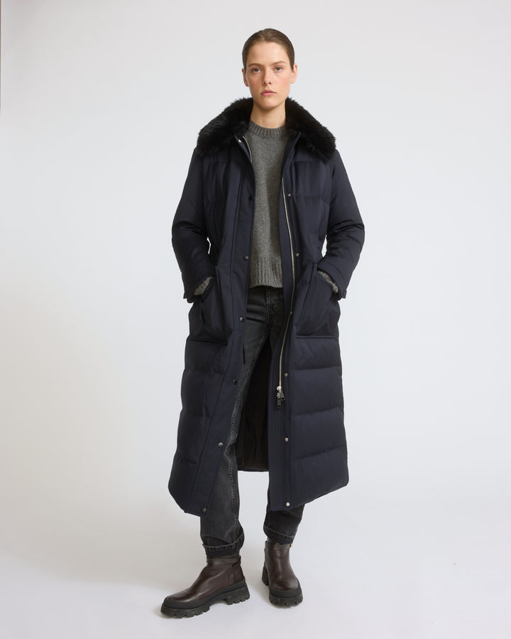 Doudoune longue en tissu technique en laine mélangée imperméable avec col en peau lainée d'agneau - Yves Salomon - Nouvelle collection Automne Hiver