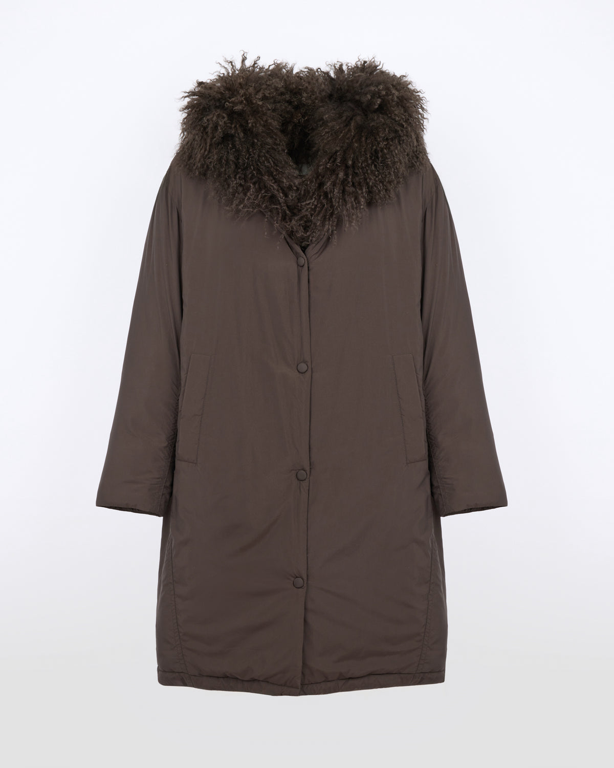 Doudoune longue lisse à capuche intérieur en agneau long poil frisé - Yves Salomon - Nouvelle collection Automne Hiver
