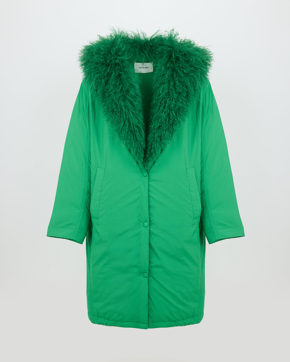 Doudoune longue lisse à capuche intérieur en agneau long poil frisé - Yves Salomon - Nouvelle collection Automne Hiver