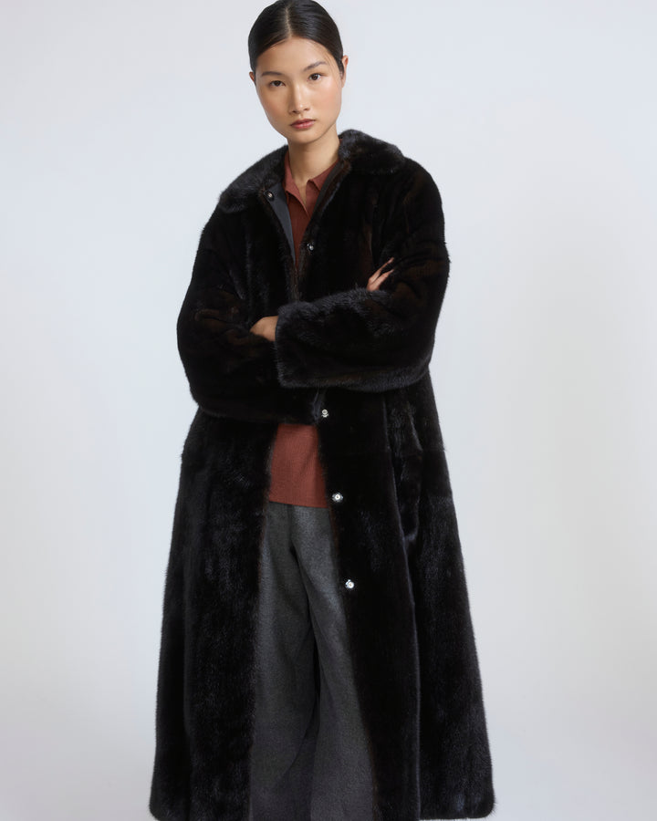 Manteau long en tissu technique déperlant réversible avec fourrure de vison