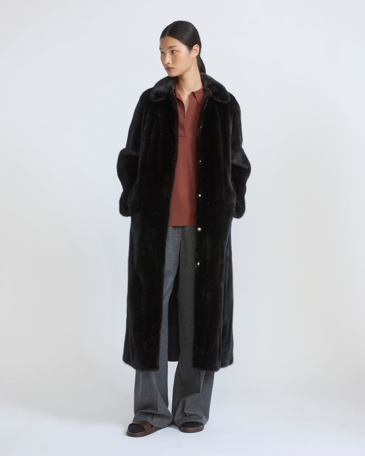 Manteau long en tissu technique déperlant réversible avec fourrure de vison